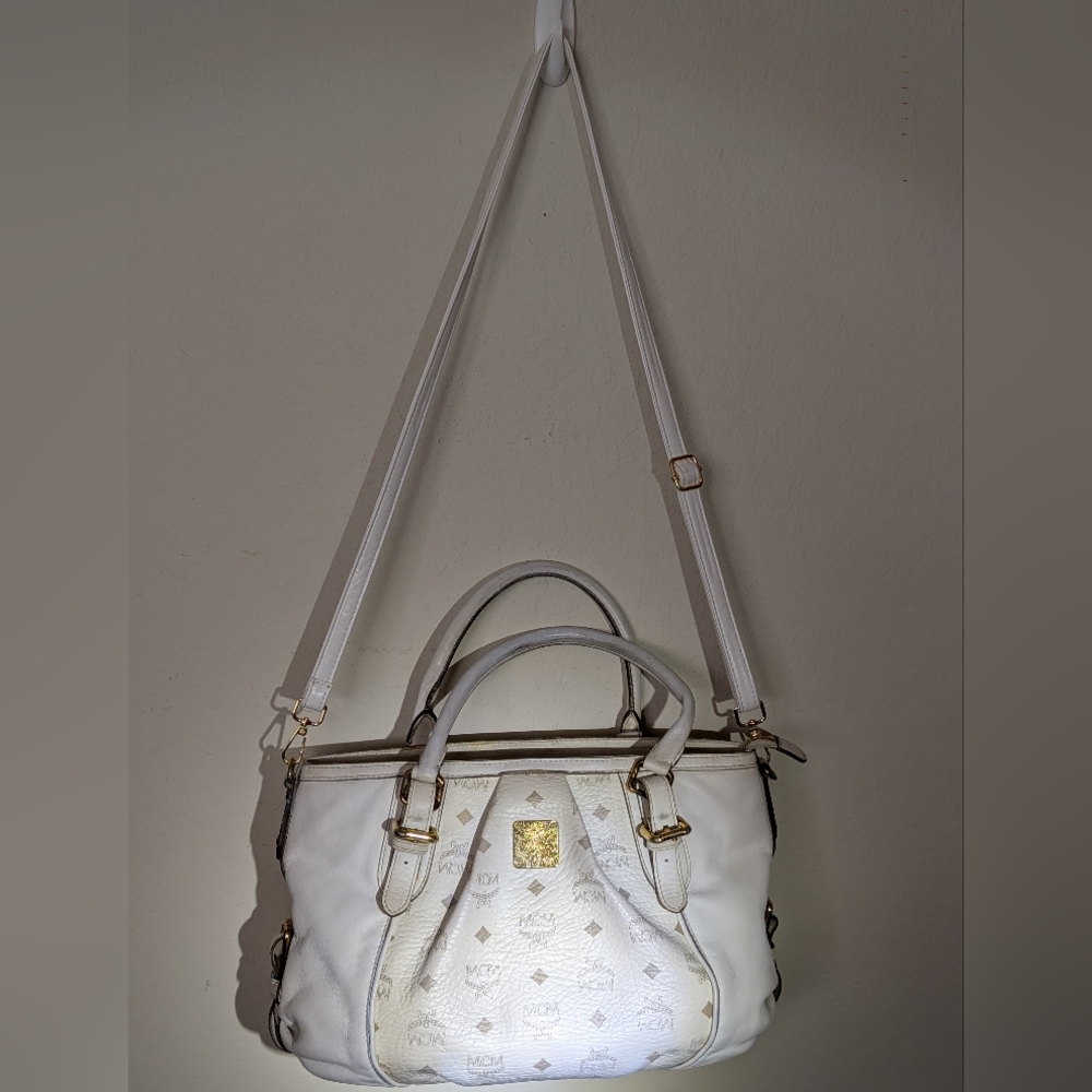 MCM White Leather Two Way Hand Crossbody Bag Good Condition